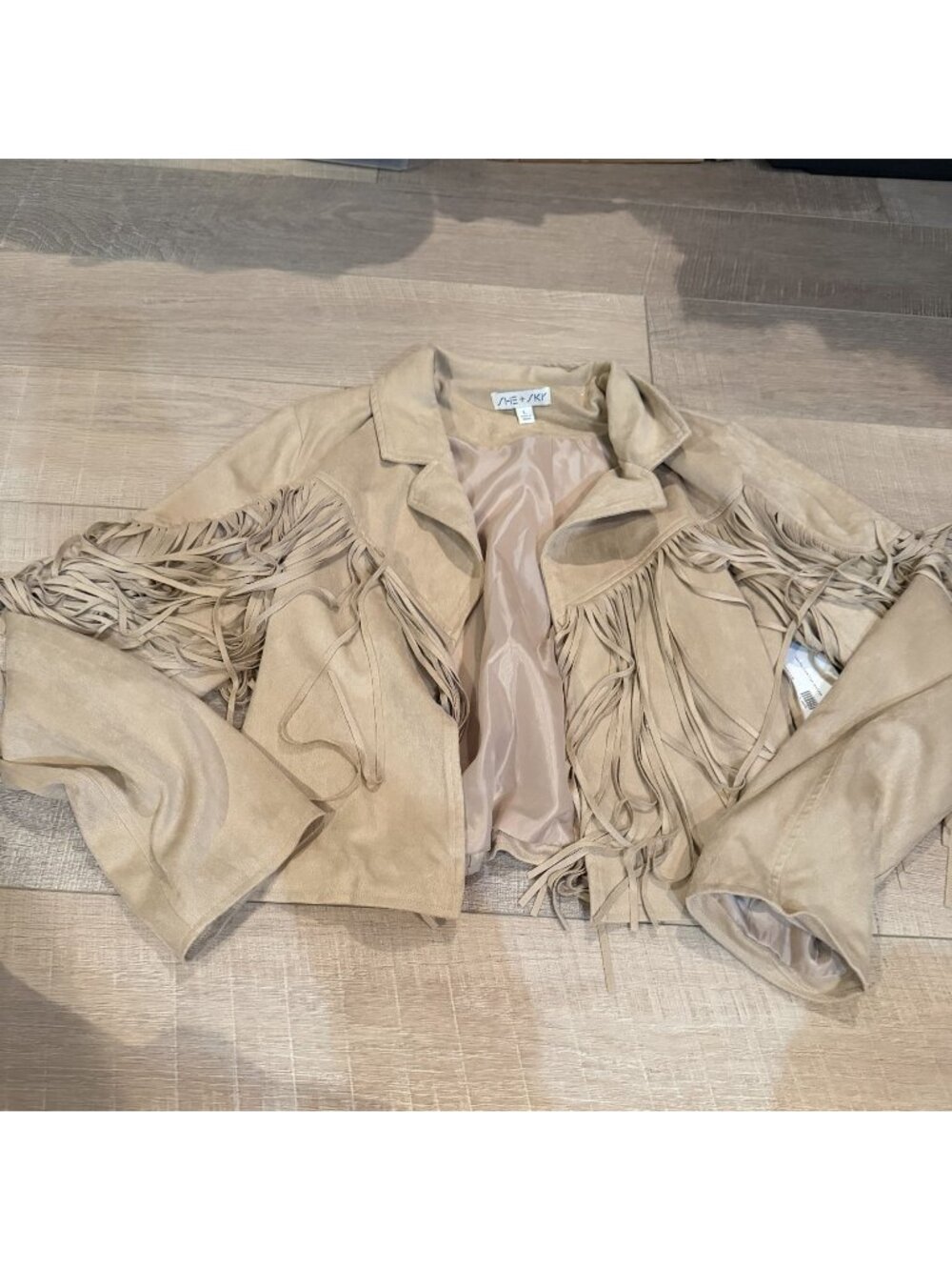She + Sky Womens Large Fringe Taupe Faux Suede Fringe Jacket new
